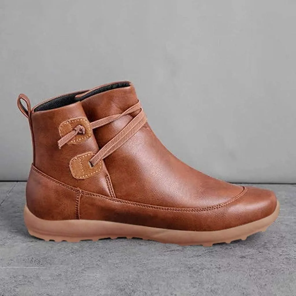 Women's Ankle Boots Arch Support Low Heel Booties Vintage Leather Zipper Boots Comfortable Flat Heel Booties