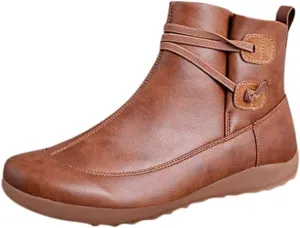 Women's Ankle Boots Arch Support Low Heel Booties Vintage Leather Zipper Boots Comfortable Flat Heel Booties