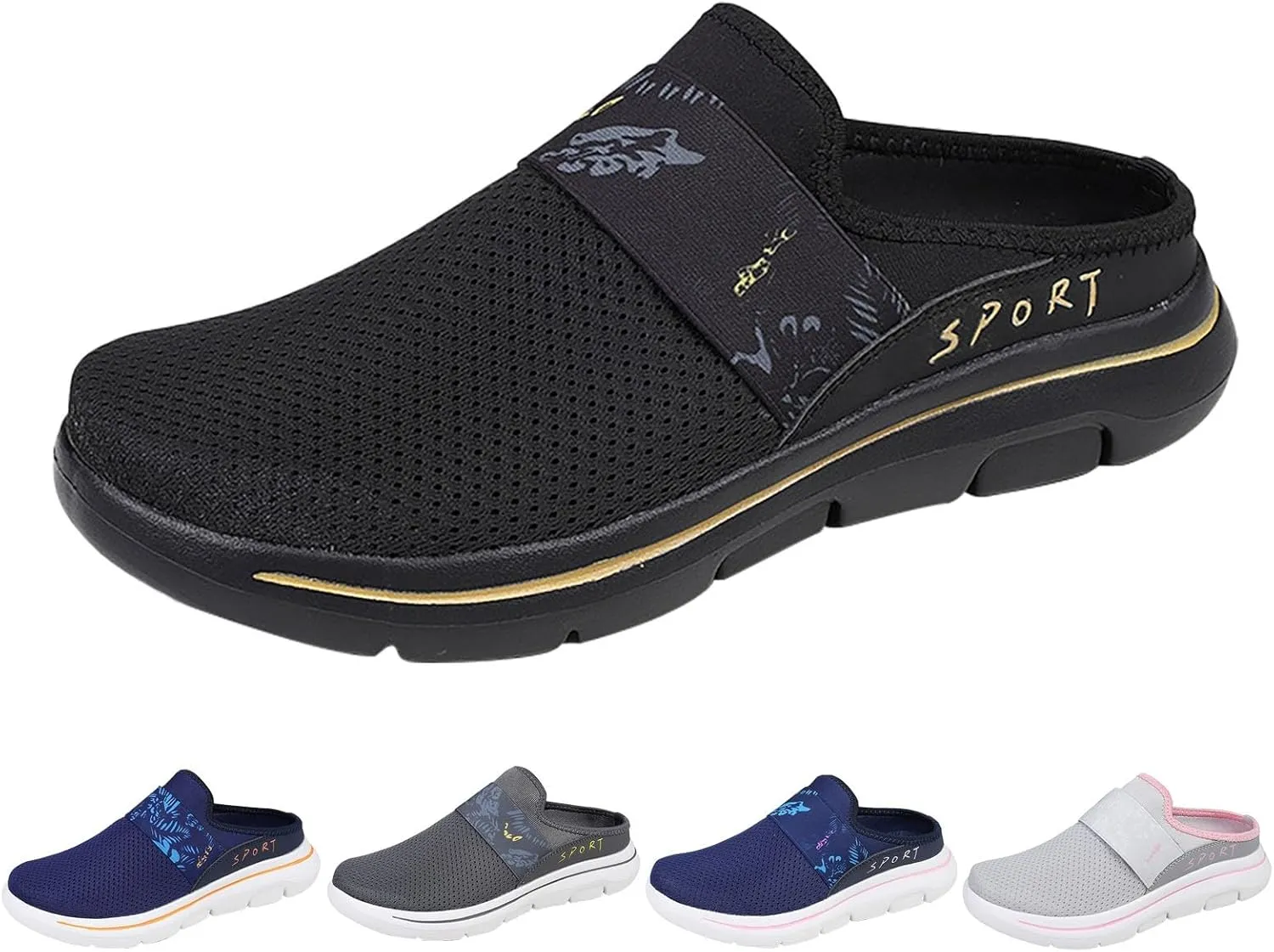 Womens Backless Sneakers Mesh Slip-on Mule Shoes Mens Running Shoes Sports White Casual Shoes Waterproof Sneakers Black Tennis Shoe Loafers Casual Slip On