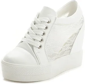 Womens Fashion White Sneakers With Hidden Heel Cute Stylish Low Top Platform Wedge Wedding Shoes For Girls, Students