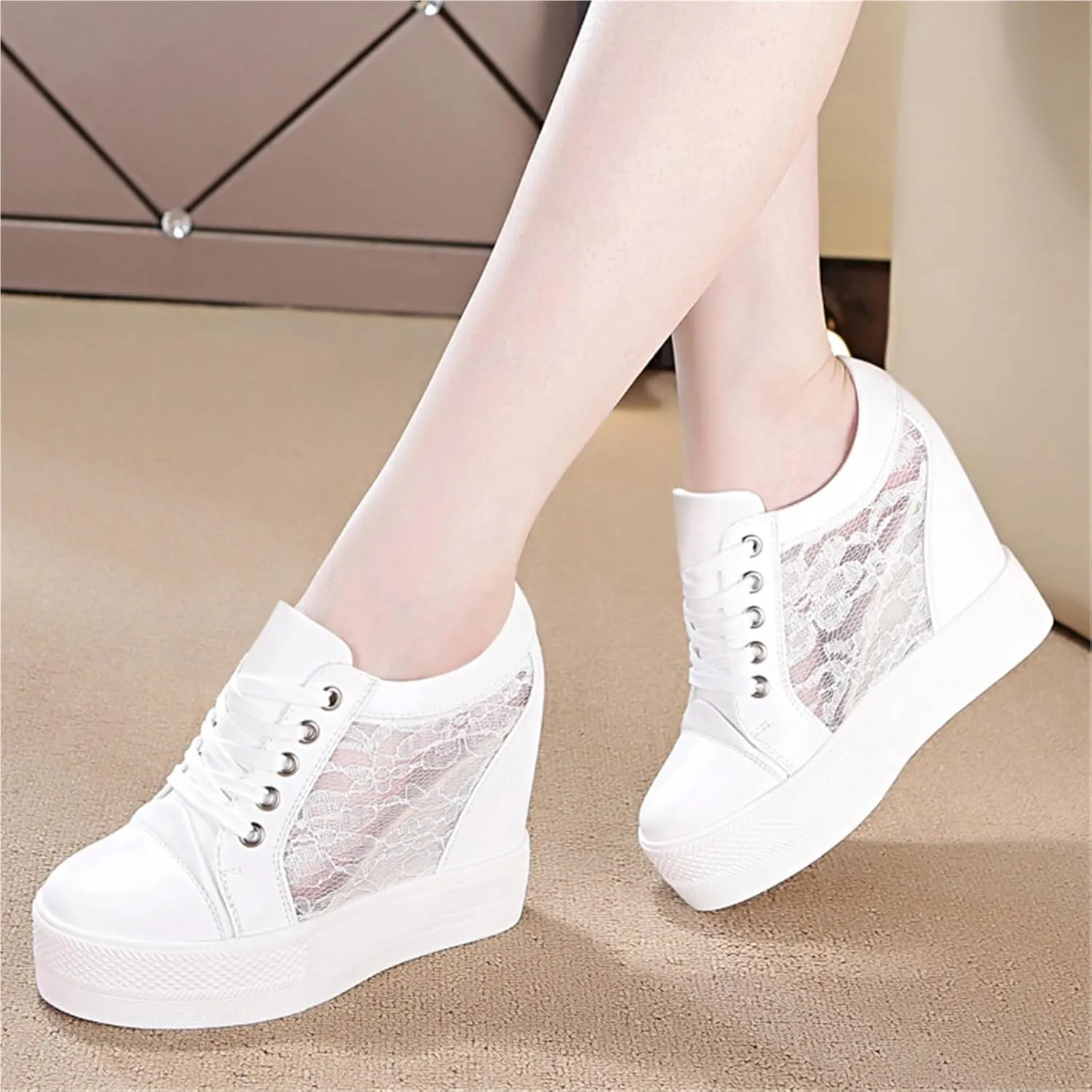 Womens Fashion White Sneakers With Hidden Heel Cute Stylish Low Top Platform Wedge Wedding Shoes For Girls, Students