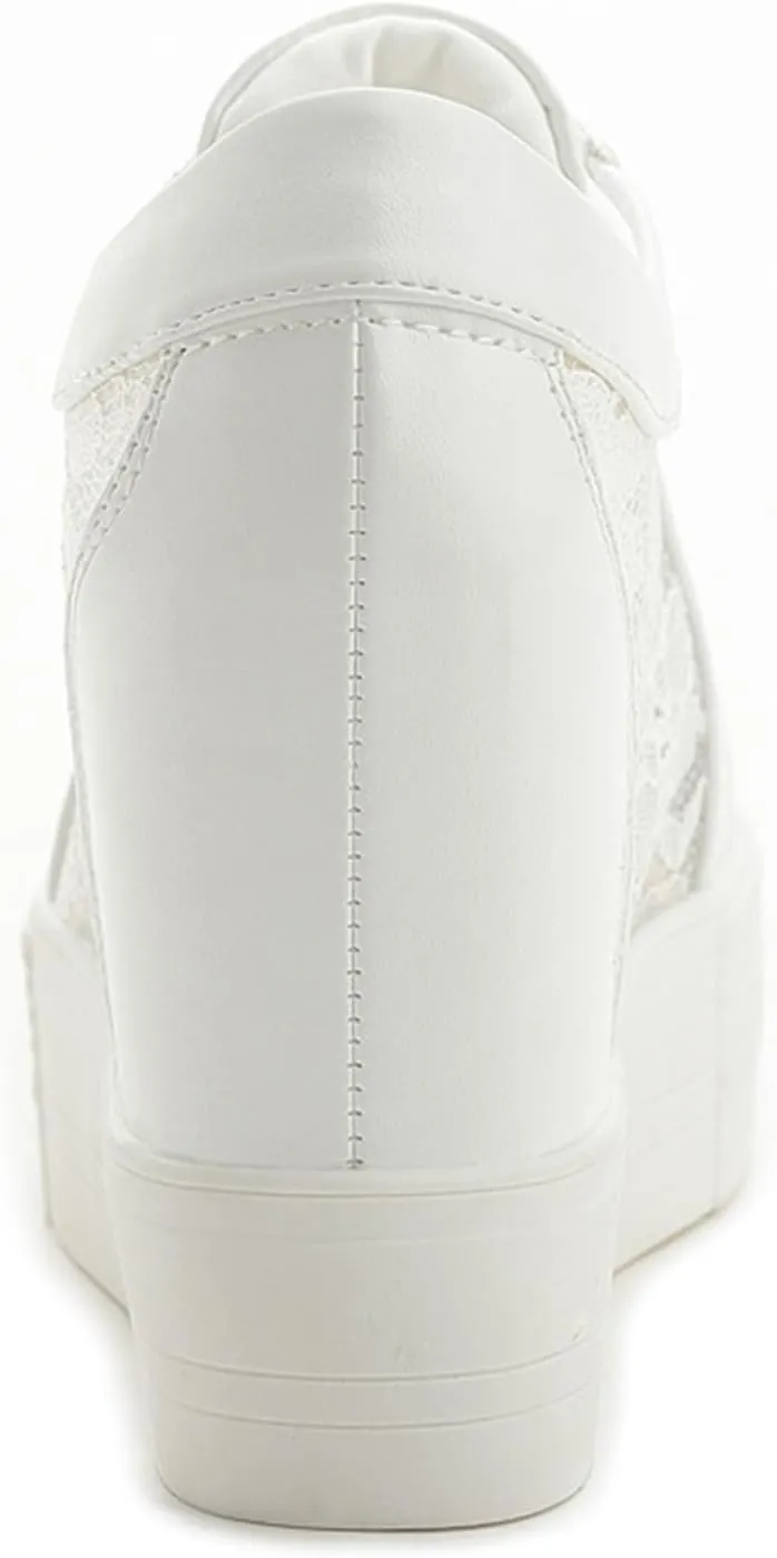 Womens Fashion White Sneakers With Hidden Heel Cute Stylish Low Top Platform Wedge Wedding Shoes For Girls, Students