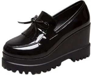 Yiozoi Women's Casual Shoes Fashion Thick Soled Hidden Heel Patent Leather Single Tassel Bow Platform