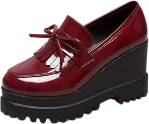 Yiozoi Women's Casual Shoes Fashion Thick Soled Hidden Heel Patent Leather Single Tassel Bow Platform