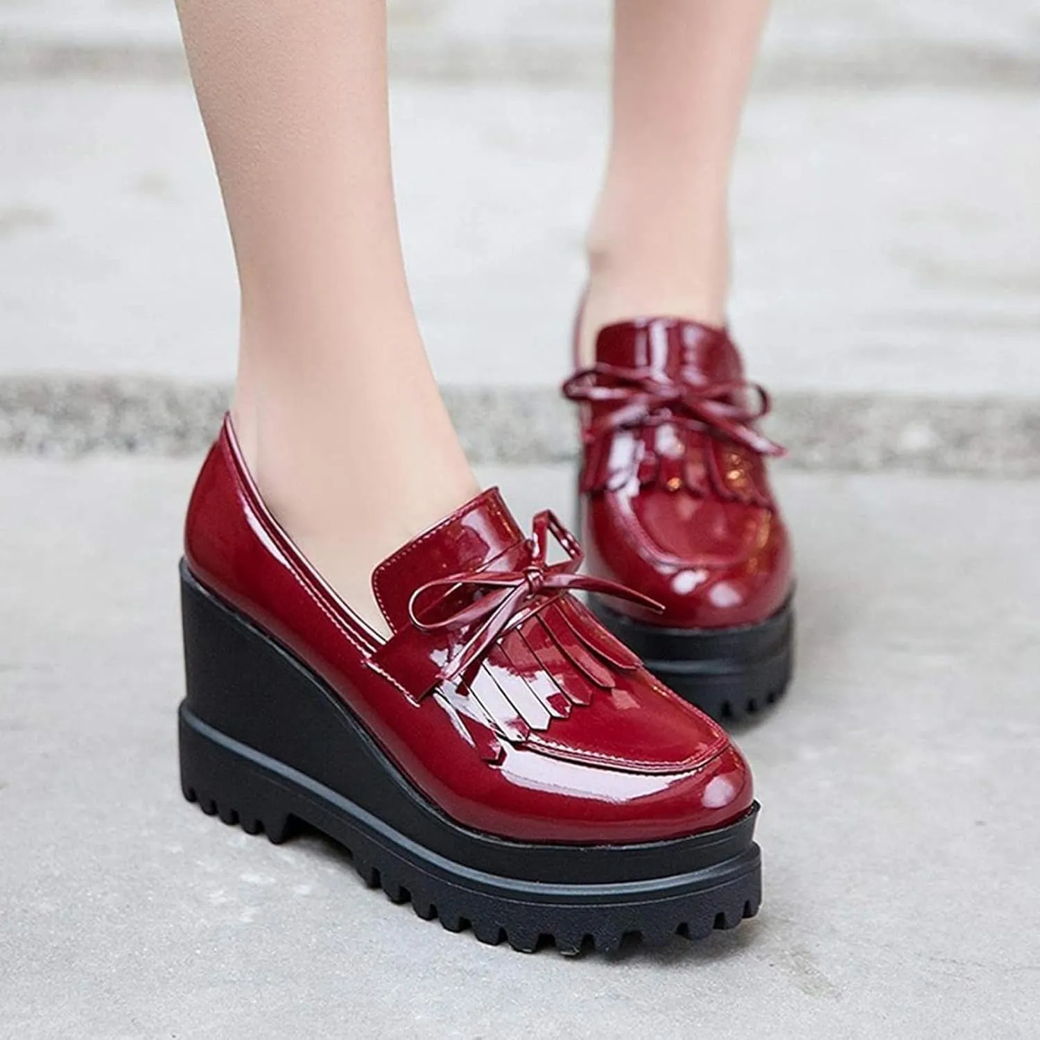 Yiozoi Women's Casual Shoes Fashion Thick Soled Hidden Heel Patent Leather Single Tassel Bow Platform