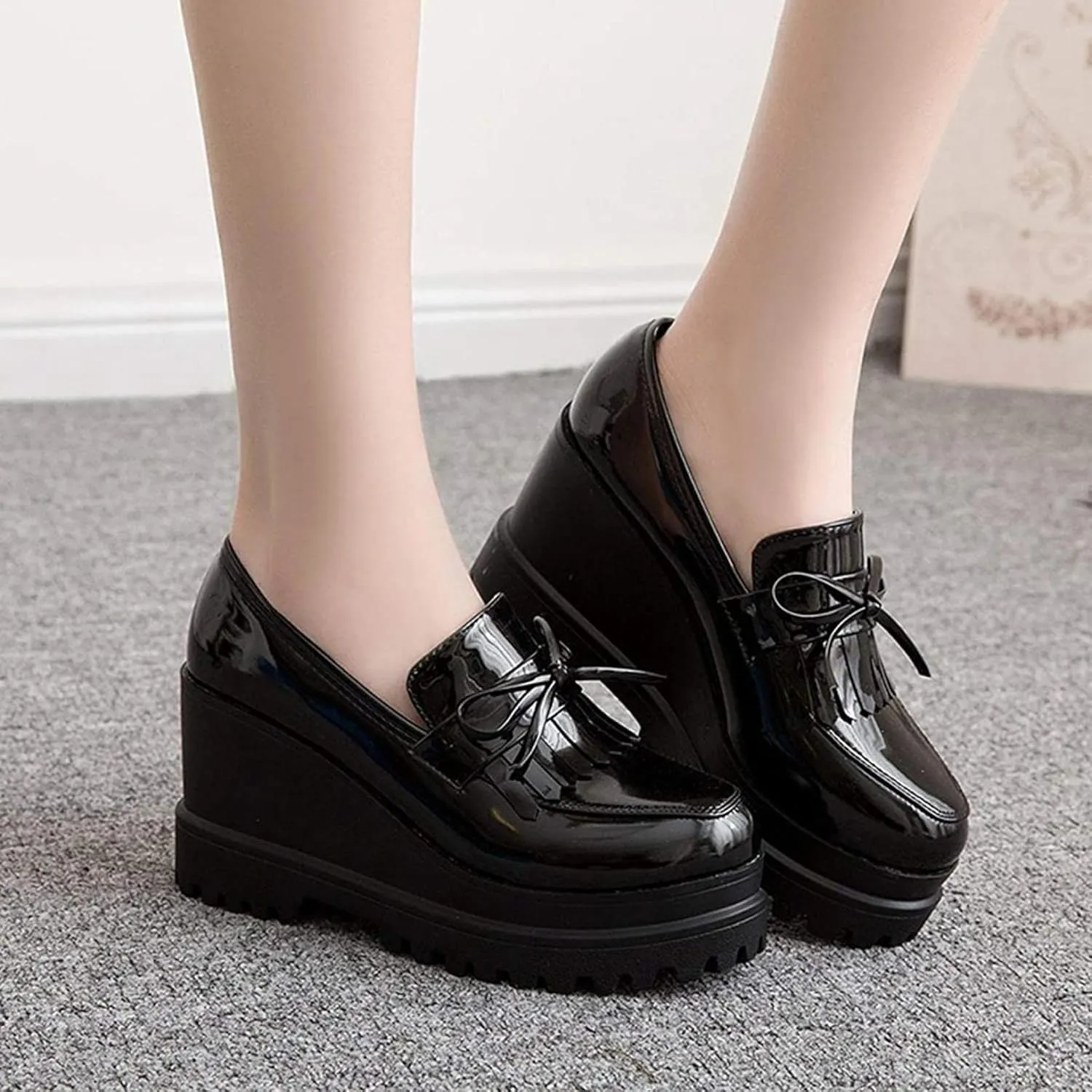 Yiozoi Women's Casual Shoes Fashion Thick Soled Hidden Heel Patent Leather Single Tassel Bow Platform