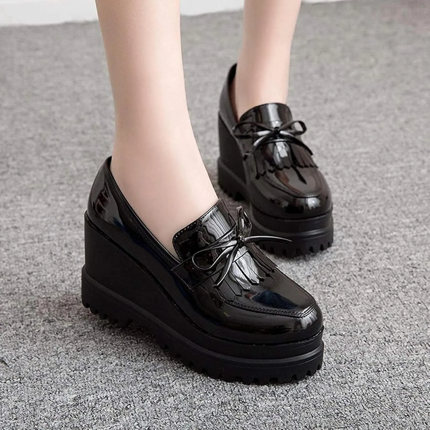 Yiozoi Women's Casual Shoes Fashion Thick Soled Hidden Heel Patent Leather Single Tassel Bow Platform