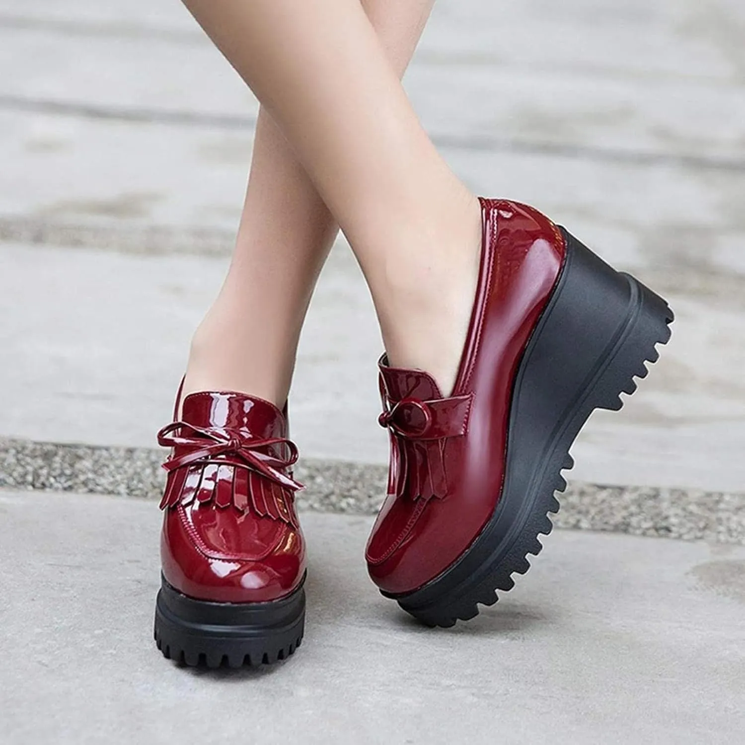 Yiozoi Women's Casual Shoes Fashion Thick Soled Hidden Heel Patent Leather Single Tassel Bow Platform