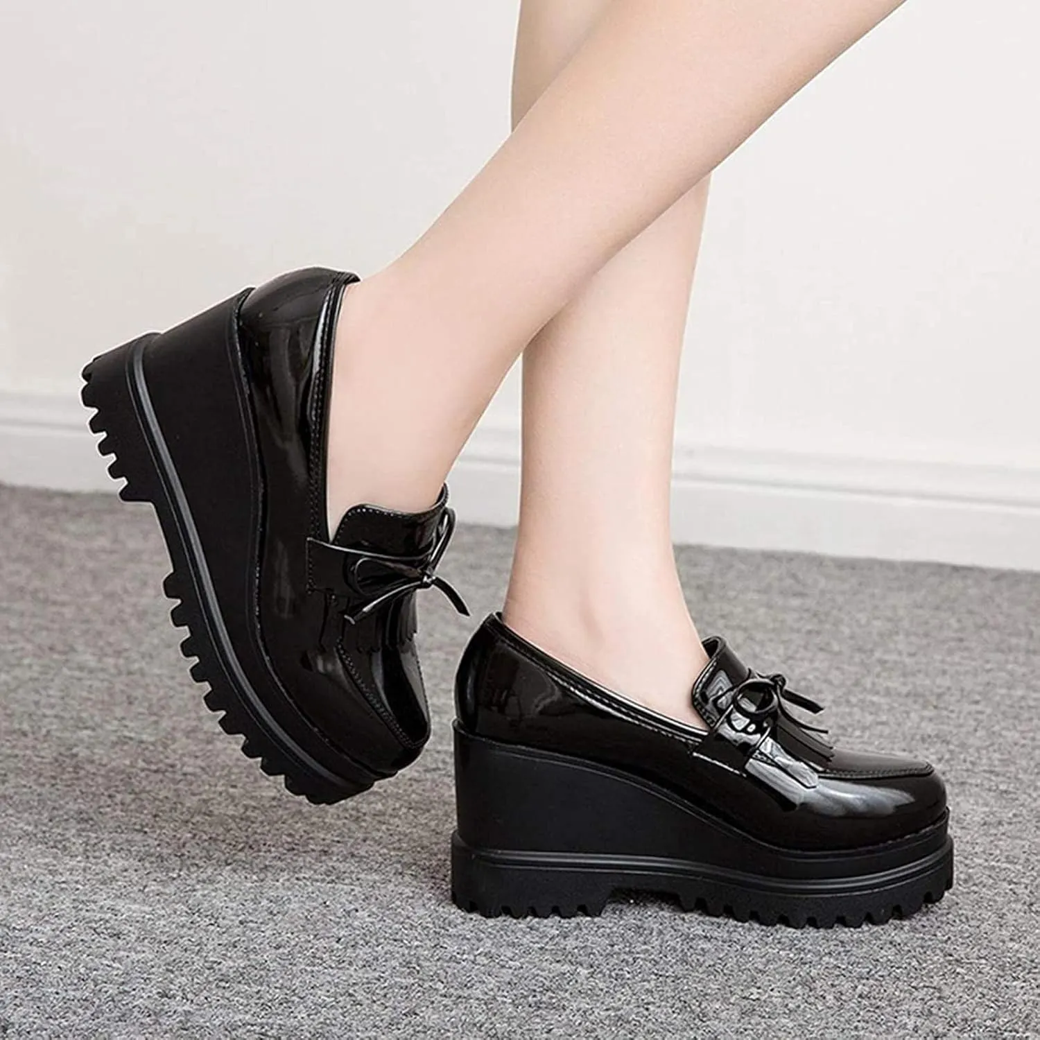 Yiozoi Women's Casual Shoes Fashion Thick Soled Hidden Heel Patent Leather Single Tassel Bow Platform